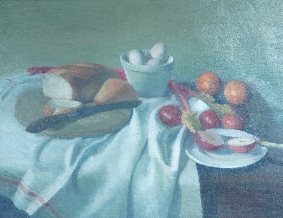 John Woolf (20th. C), ‘Still life’, initialled, Royal Acedemy Exhibition 1956 inscribed tag verso, mid century oil on canvas, 42 x 54cm